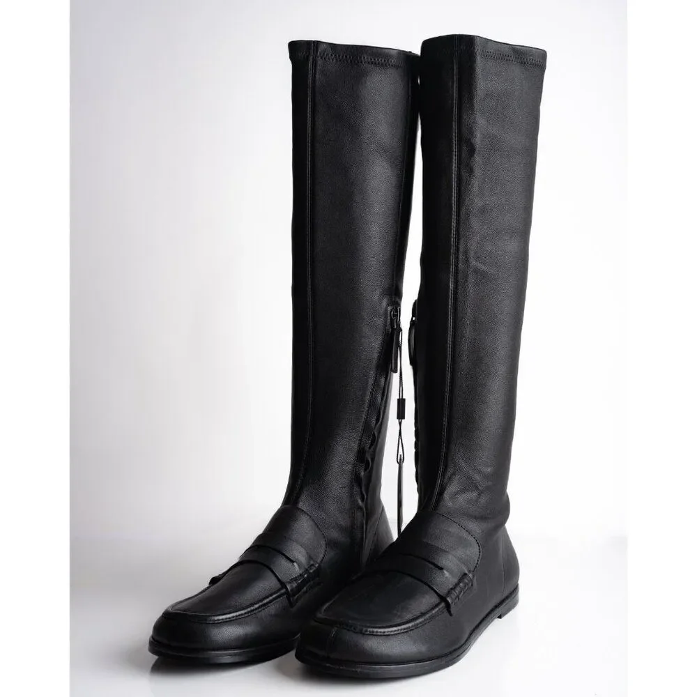 Massimo Dutti Women Knee High Leather Loafer Boots Black US 9 EU 40 New 1018/450
